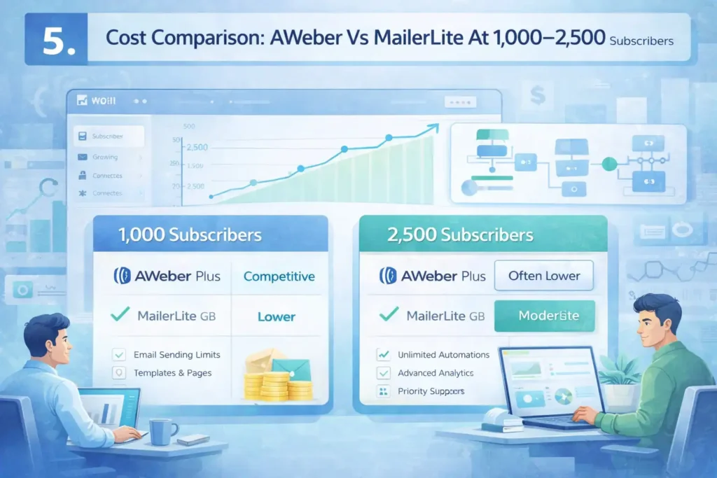 An informative illustration about Cost Comparison: AWeber Vs MailerLite At 1,000–2,500 Subscribers