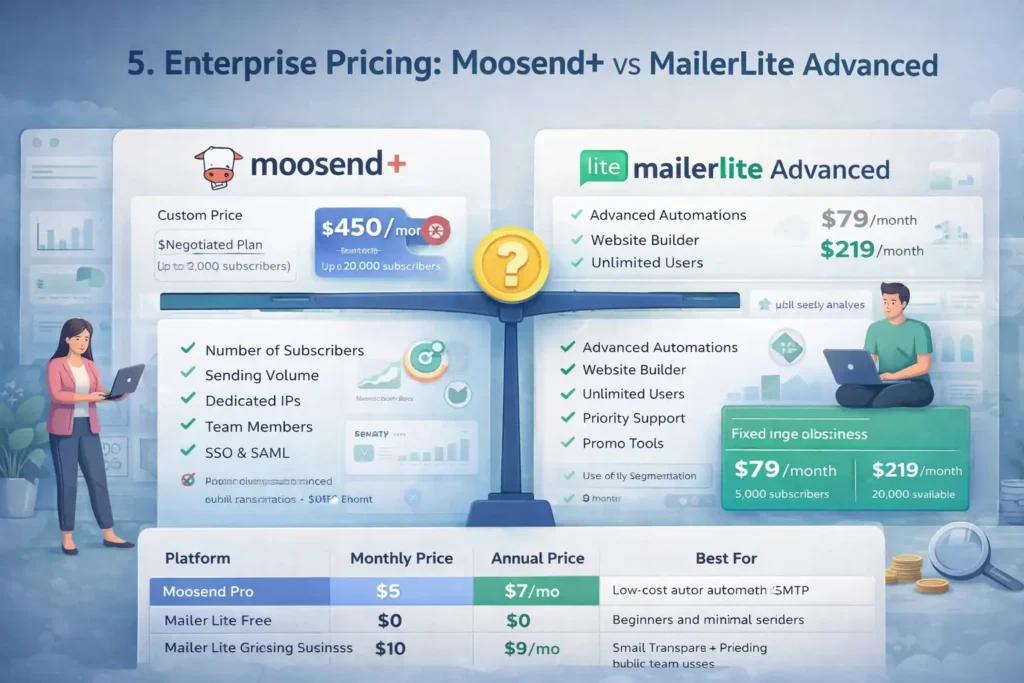 An informative illustration about Enterprise Pricing: Moosend+ vs MailerLite Advanced
