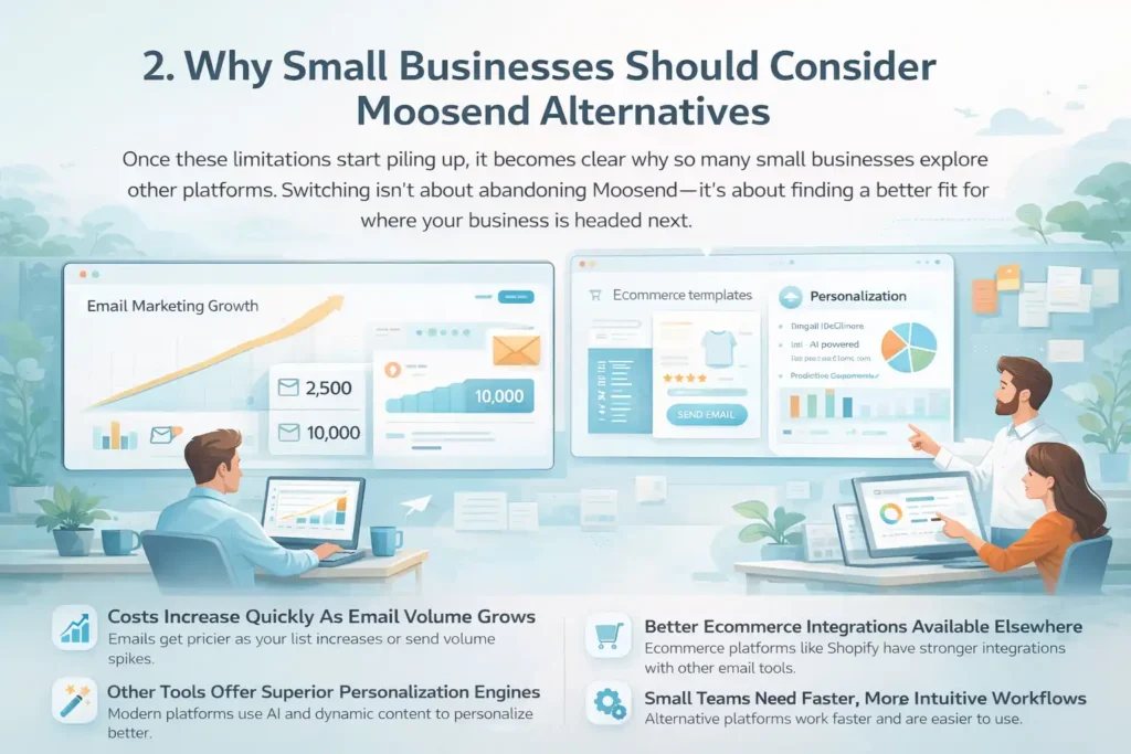 An informative illustration about Why Small Businesses Should Consider Moosend Alternatives