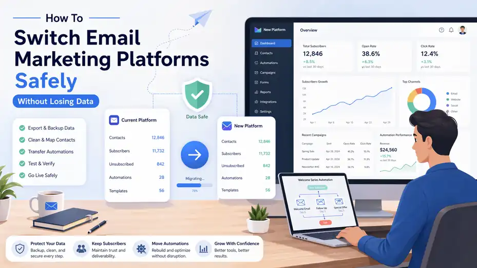 An informative illustration about How To Switch Email Marketing Platforms Safely Without Losing Data