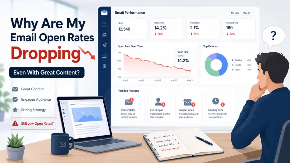 An informative illustration about Why Are My Email Open Rates Dropping Even With Great Content?